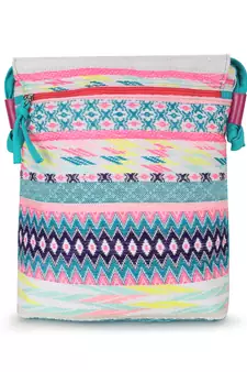 Anekaant Geomat Turquoise Blue & Pink Cotton Acrylic Canvas Ethnic Motifs Jacquard Sling Bag