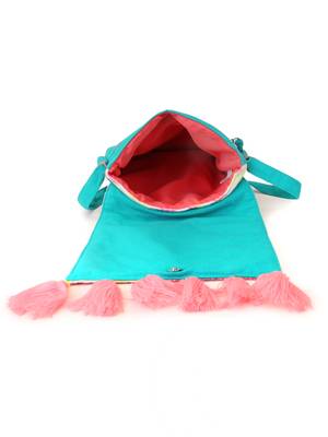 Anekaant Geomat Turquoise Blue & Pink Cotton Acrylic Canvas Ethnic Motifs Jacquard Sling Bag 5