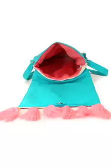 Anekaant Geomat Turquoise Blue & Pink Cotton Acrylic Canvas Ethnic Motifs Jacquard Sling Bag