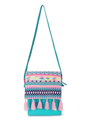 Anekaant Geomat Turquoise Blue & Pink Cotton Acrylic Canvas Ethnic Motifs Jacquard Sling Bag 6