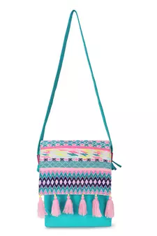 Anekaant Geomat Turquoise Blue & Pink Cotton Acrylic Canvas Ethnic Motifs Jacquard Sling Bag