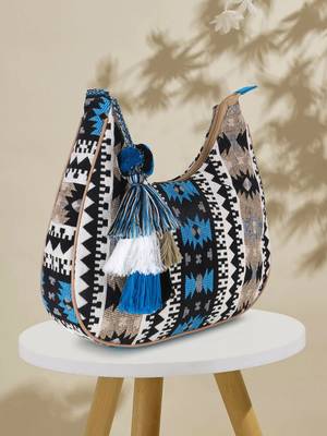 Tribal Beige & Aqua Cotton Canvas Jaquard Geometric Jacquard Sling Bag 1