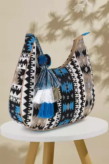 Tribal Beige & Aqua Cotton Canvas Jaquard Geometric Jacquard Sling Bag