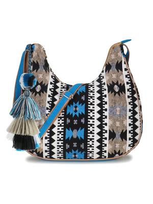 Tribal Beige & Aqua Cotton Canvas Jaquard Geometric Jacquard Sling Bag 2