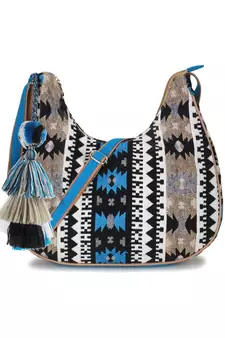 Tribal Beige & Aqua Cotton Canvas Jaquard Geometric Jacquard Sling Bag