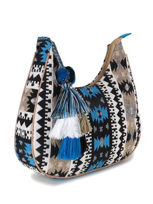 Tribal Beige & Aqua Cotton Canvas Jaquard Geometric Jacquard Sling Bag 3