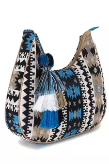 Tribal Beige & Aqua Cotton Canvas Jaquard Geometric Jacquard Sling Bag