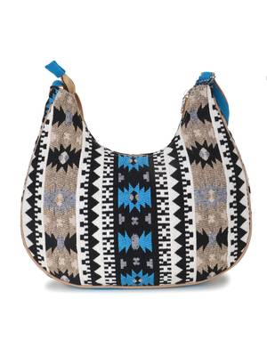 Tribal Beige & Aqua Cotton Canvas Jaquard Geometric Jacquard Sling Bag 4