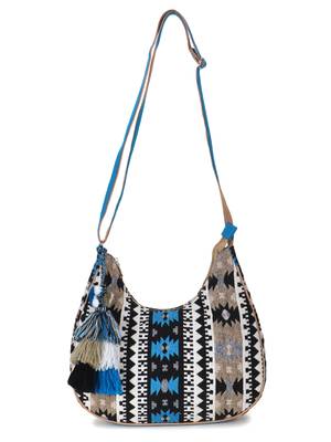 Tribal Beige & Aqua Cotton Canvas Jaquard Geometric Jacquard Sling Bag 6