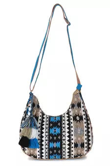 Tribal Beige & Aqua Cotton Canvas Jaquard Geometric Jacquard Sling Bag