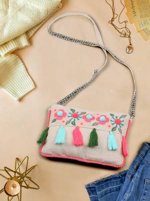 Boho Natural & Multi Cotton Canvas Floral Embroidered Sling Bag 1