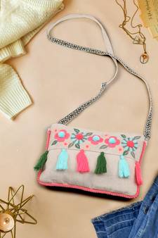 Boho Natural & Multi Cotton Canvas Floral Embroidered Sling Bag