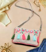 Boho Natural & Multi Cotton Canvas Floral Embroidered Sling Bag