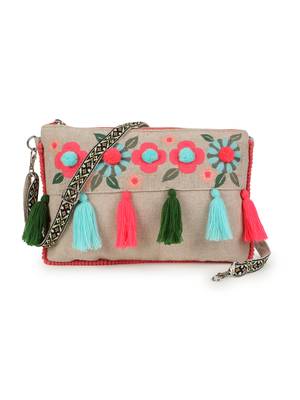 Boho Natural & Multi Cotton Canvas Floral Embroidered Sling Bag 2