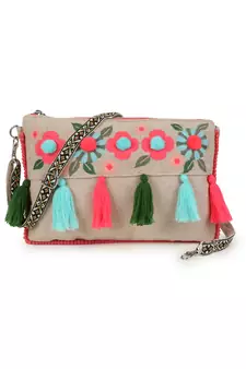 Boho Natural & Multi Cotton Canvas Floral Embroidered Sling Bag