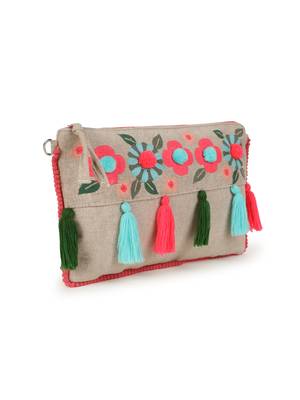 Boho Natural & Multi Cotton Canvas Floral Embroidered Sling Bag 3