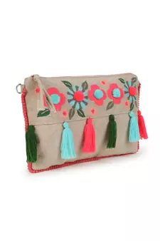 Boho Natural & Multi Cotton Canvas Floral Embroidered Sling Bag