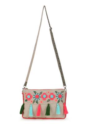 Boho Natural & Multi Cotton Canvas Floral Embroidered Sling Bag 6