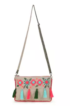 Boho Natural & Multi Cotton Canvas Floral Embroidered Sling Bag