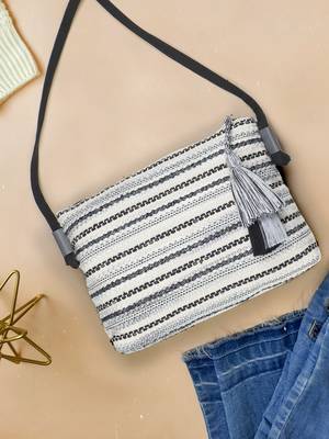 Geomat Black & Silver Cotton Acrylic Canvas Striped Jacquard Sling Bag 1