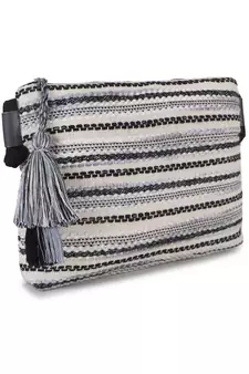Geomat Black & Silver Cotton Acrylic Canvas Striped Jacquard Sling Bag