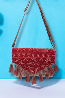 Tribal Natural & Red Cotton Shenel Jacquard Ethnic Motifs  Jacquard Sling Bag