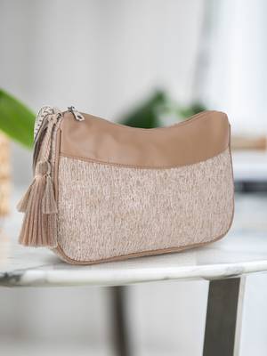 Classic Tan Cotton Canvas & Velvet Self Design Sling Bag 1