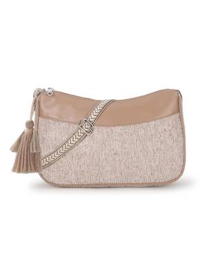 Classic Tan Cotton Canvas & Velvet Self Design Sling Bag 2