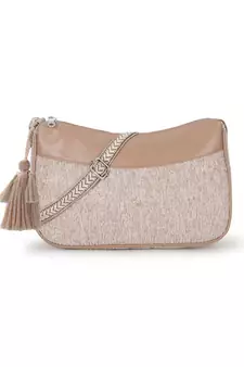 Classic Tan Cotton Canvas & Velvet Self Design Sling Bag