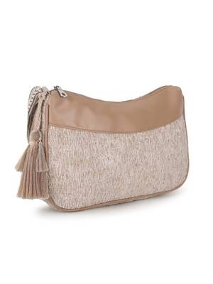 Classic Tan Cotton Canvas & Velvet Self Design Sling Bag 3