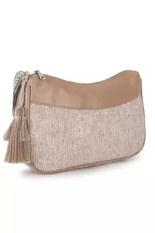 Classic Tan Cotton Canvas & Velvet Self Design Sling Bag
