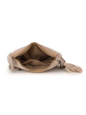 Classic Tan Cotton Canvas & Velvet Self Design Sling Bag 5