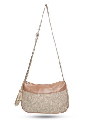 Classic Tan Cotton Canvas & Velvet Self Design Sling Bag 6