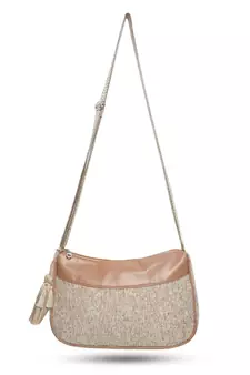 Classic Tan Cotton Canvas & Velvet Self Design Sling Bag