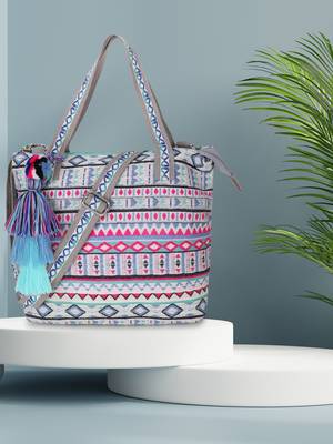 Tribal Grey, Fuschia & Multi Cotton Canvas Jaquard Geometric Jacquard Handheld Bag 1