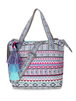 Tribal Grey, Fuschia & Multi Cotton Canvas Jaquard Geometric Jacquard Handheld Bag 2