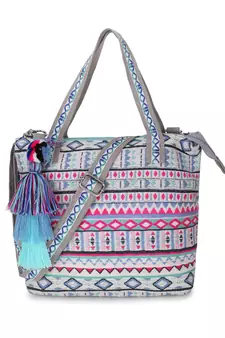 Tribal Grey, Fuschia & Multi Cotton Canvas Jaquard Geometric Jacquard Handheld Bag