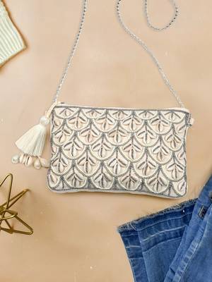 Anekaant Boho Natural & Gunmetal Cotton Canvas Seashell Embellished Sling Bag 1