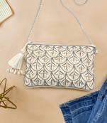 Anekaant Boho Natural & Gunmetal Cotton Canvas Seashell Embellished Sling Bag