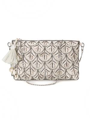 Anekaant Boho Natural & Gunmetal Cotton Canvas Seashell Embellished Sling Bag 2