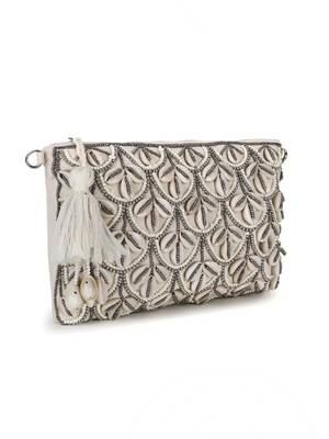 Anekaant Boho Natural & Gunmetal Cotton Canvas Seashell Embellished Sling Bag 3