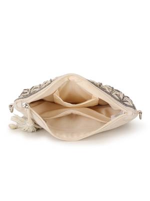 Anekaant Boho Natural & Gunmetal Cotton Canvas Seashell Embellished Sling Bag 5