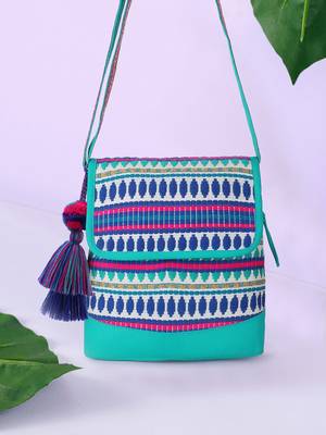 Geomat Aqua & Multi Cotton Canvas Jaquard Geometric Jacquard Sling Bag 1