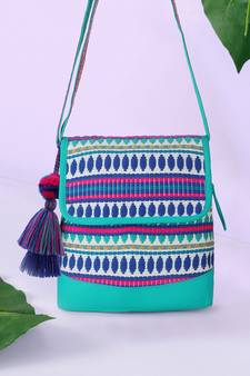 Geomat Aqua & Multi Cotton Canvas Jaquard Geometric Jacquard Sling Bag