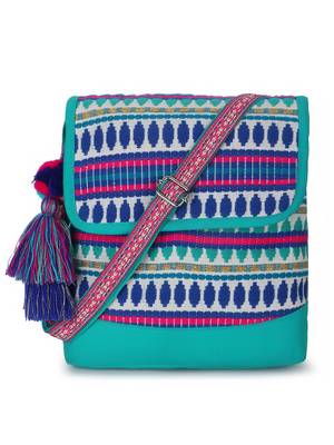 Geomat Aqua & Multi Cotton Canvas Jaquard Geometric Jacquard Sling Bag 2