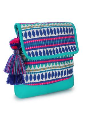 Geomat Aqua & Multi Cotton Canvas Jaquard Geometric Jacquard Sling Bag 3