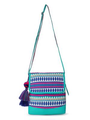 Geomat Aqua & Multi Cotton Canvas Jaquard Geometric Jacquard Sling Bag 6