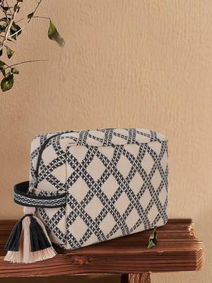 beige black cotton canvas jacquard travel pouch 1