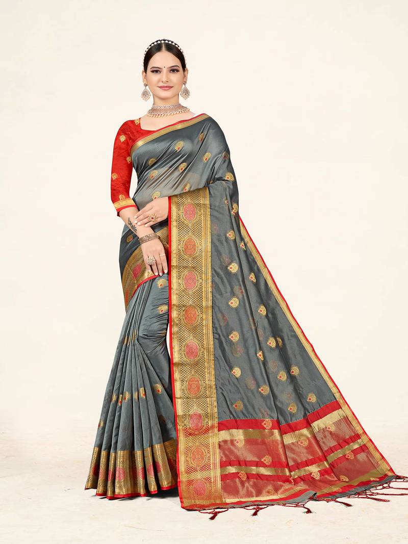 Sweet smile stylish saree with blouse set-Grey