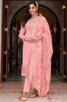 Pink Multy Thread Embroidery,Diamond Work Faux Georgette unstitched Long Length Kameez Pant party wear salwarsuit
